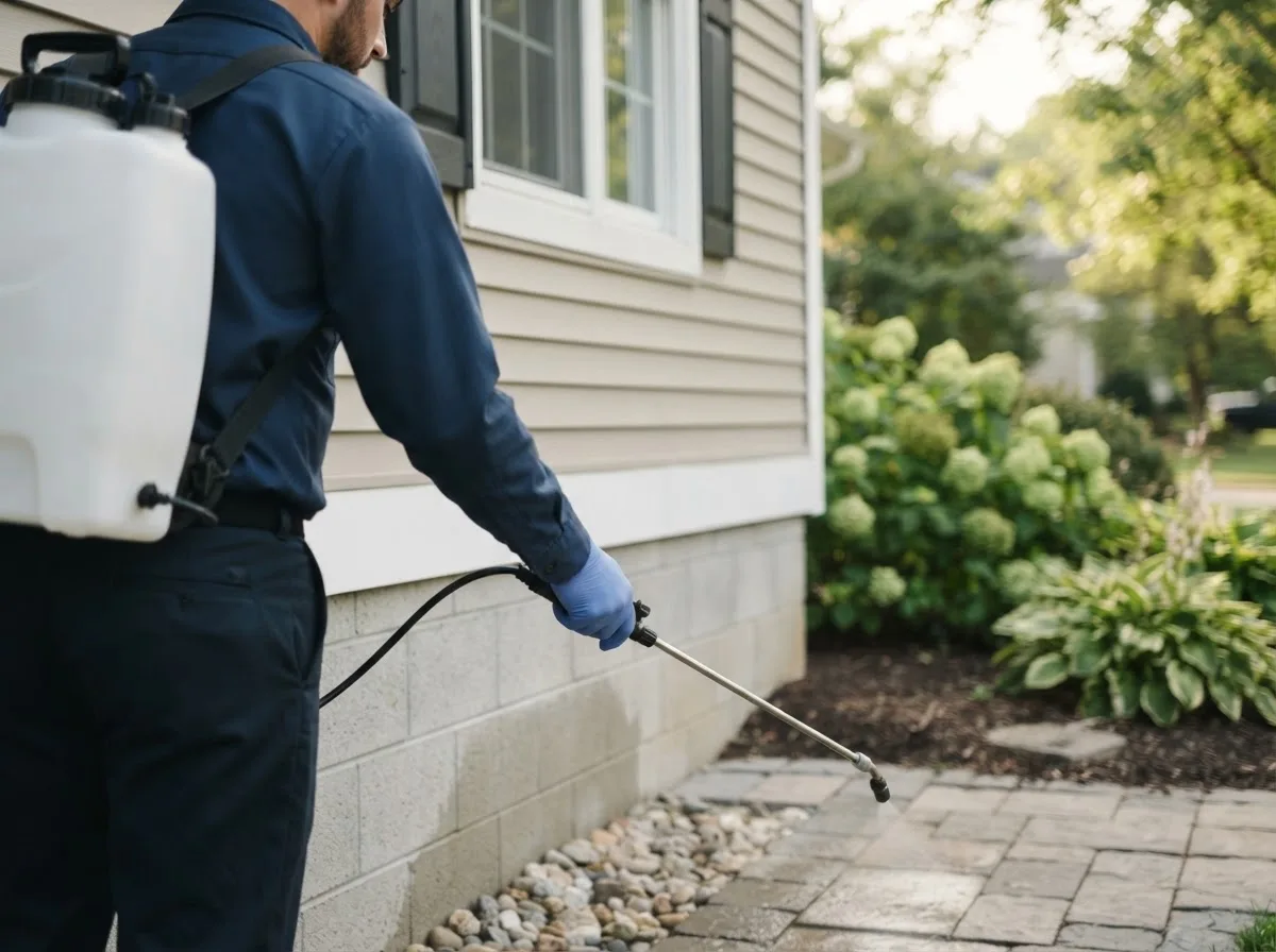 Pest control technician inspecting a home in Farmer City, IL